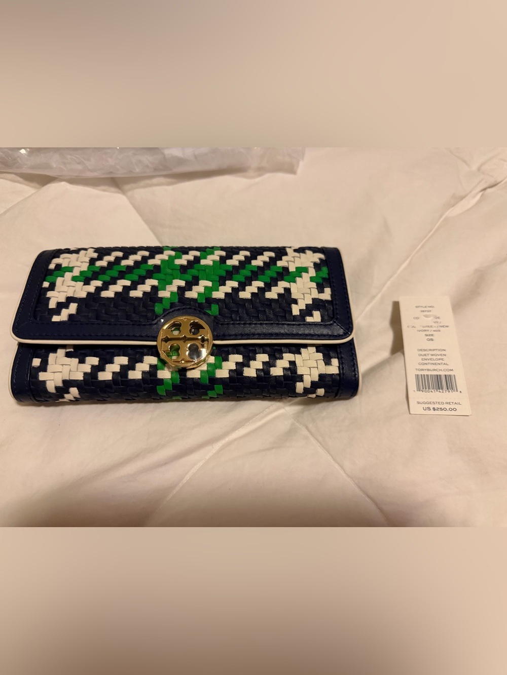 NWT Tory Burch Tote and Wallet Set duet woven in Navy, White & Green Plaid - Picture 8 of 10